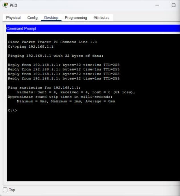Ping موفق از PC0 به روتر